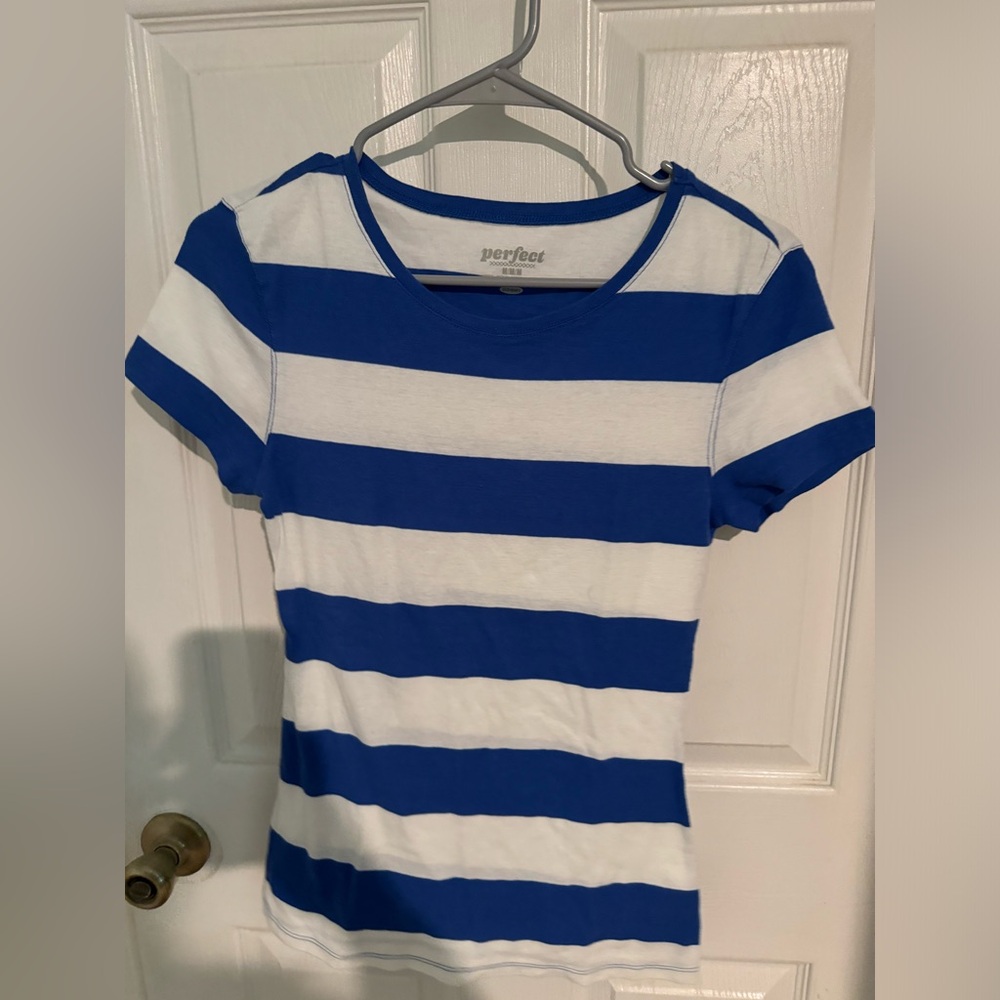 Blue and White Striped Short Sleeve Shirt